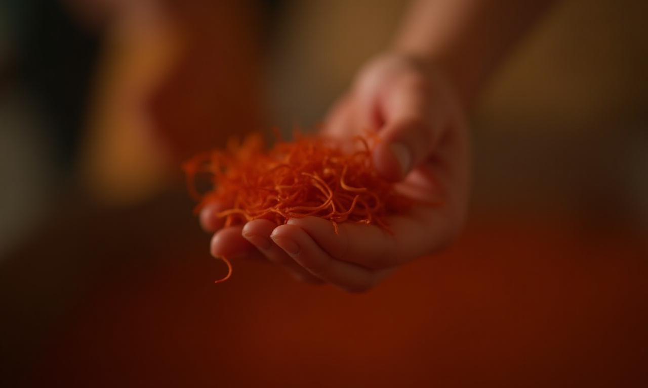 生産者の手から渡されるサフランのスパイス